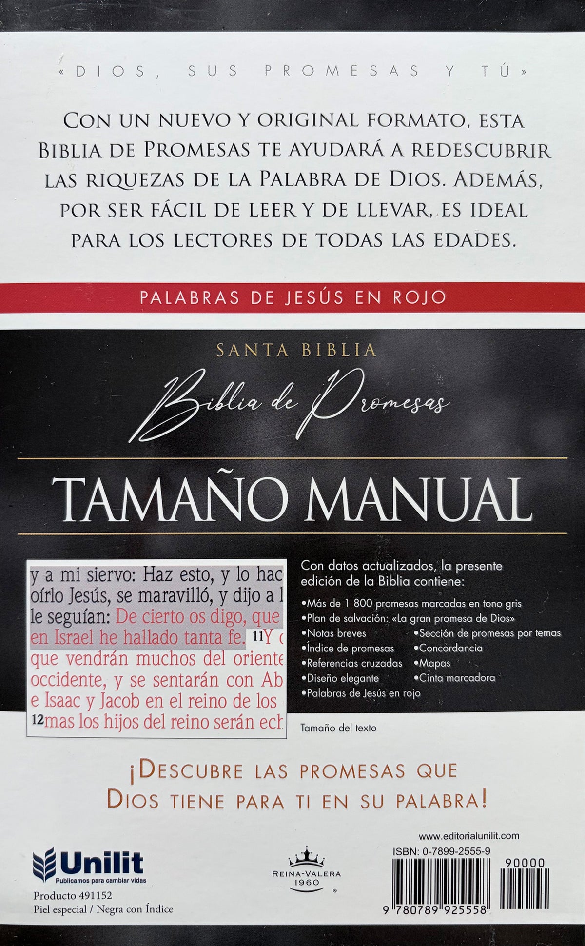 Biblia RVR 1960 de Promesas Tamaño Manual Edición Negro Imitación Piel con Índice
